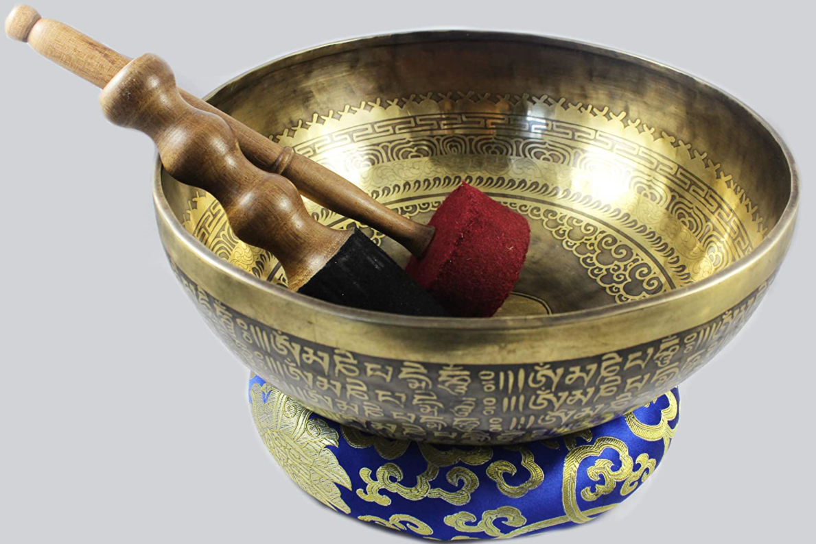 14" NHZ Carved Tibetan Singing Bowl Set with Mallet & Cushion image 2