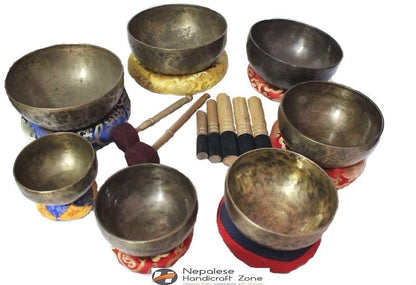 NHZ Antique Finished Chakra Healing Tibetan Singing Bowl Set of 7 image 1