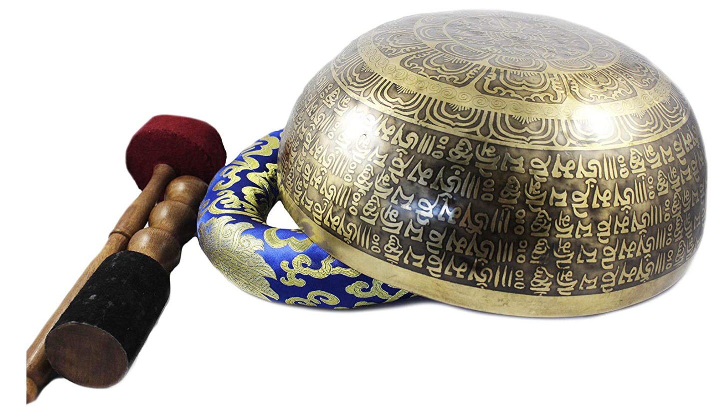 14" NHZ Carved Tibetan Singing Bowl Set with Mallet & Cushion image 1